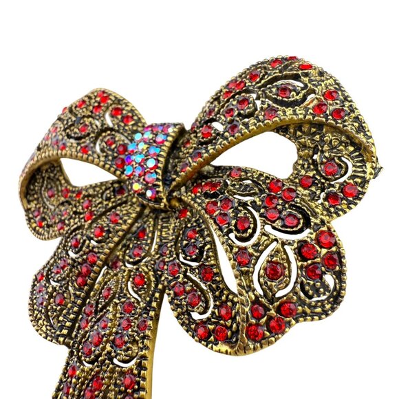 Sparkling Bow Brooch Red Rhinestones Gold-Tone Metal Elegant Statement Pin Acces - Picture 3 of 5